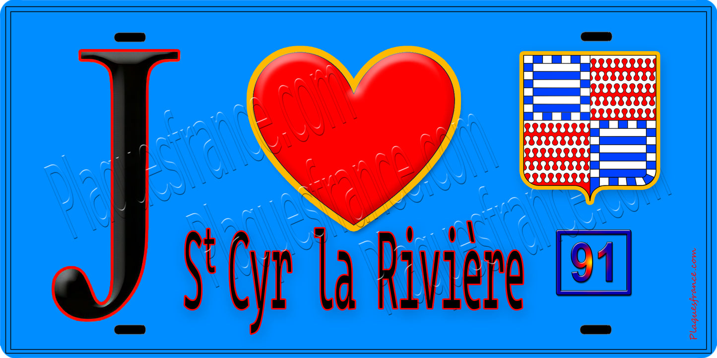 Plaque métal décorative  J' ❤️Saint-Cyr-la-Rivière, Essonne (91) fond bleu