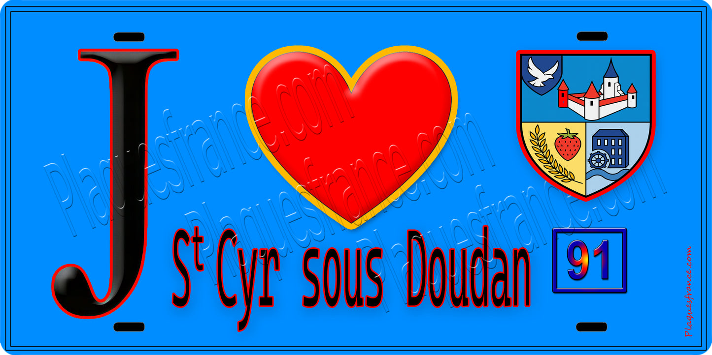 Plaque métal décorative  J' ❤️Saint-Cyr-sous-Dourdan, Essonne (91) fond bleu