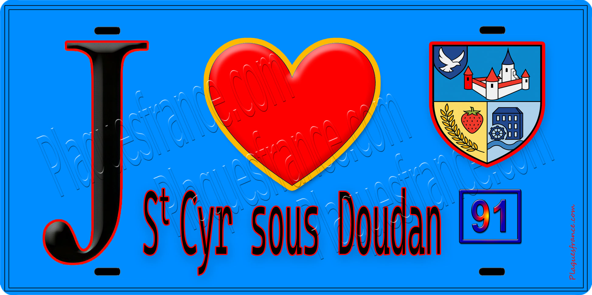 Plaque métal décorative  J' ❤️Saint-Cyr-sous-Dourdan, Essonne (91) fond bleu