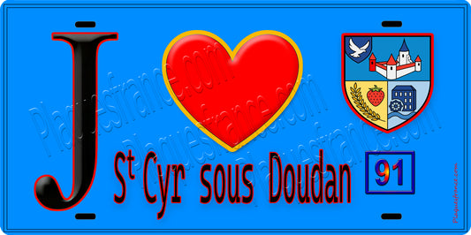 Plaque métal décorative  J' ❤️Saint-Cyr-sous-Dourdan, Essonne (91) fond bleu