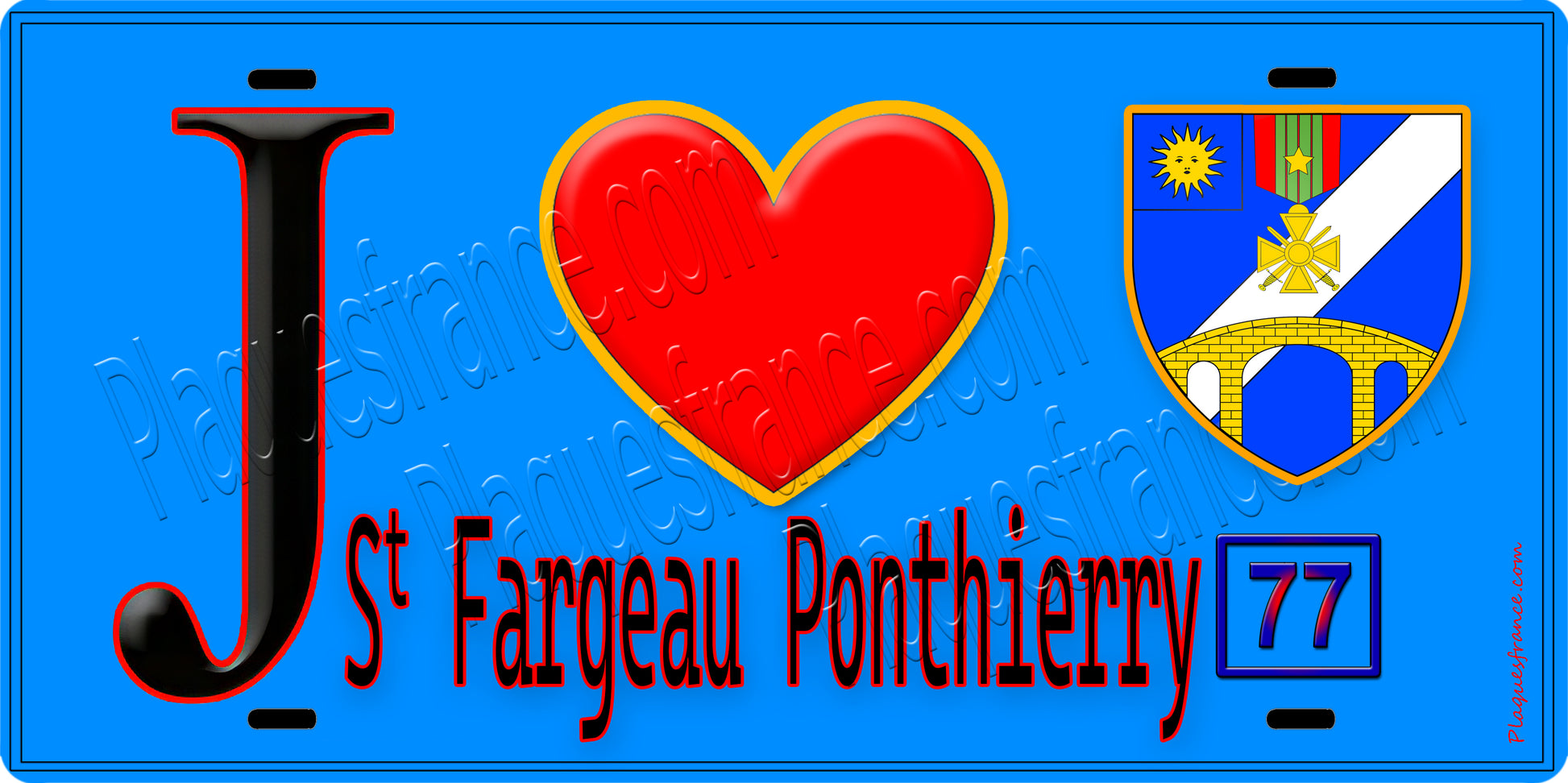 Plaque métal décorative  J' ❤️Saint-Fargeau-Ponthierry, Seine et Marne (77) fond bleui