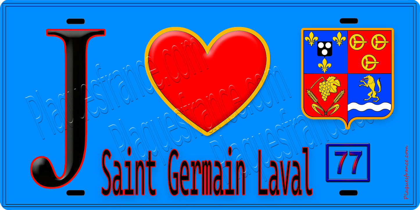 Plaque métal décorative  J' ❤️Saint-Germain-Laval, Seine et Marne (77) fond bleu