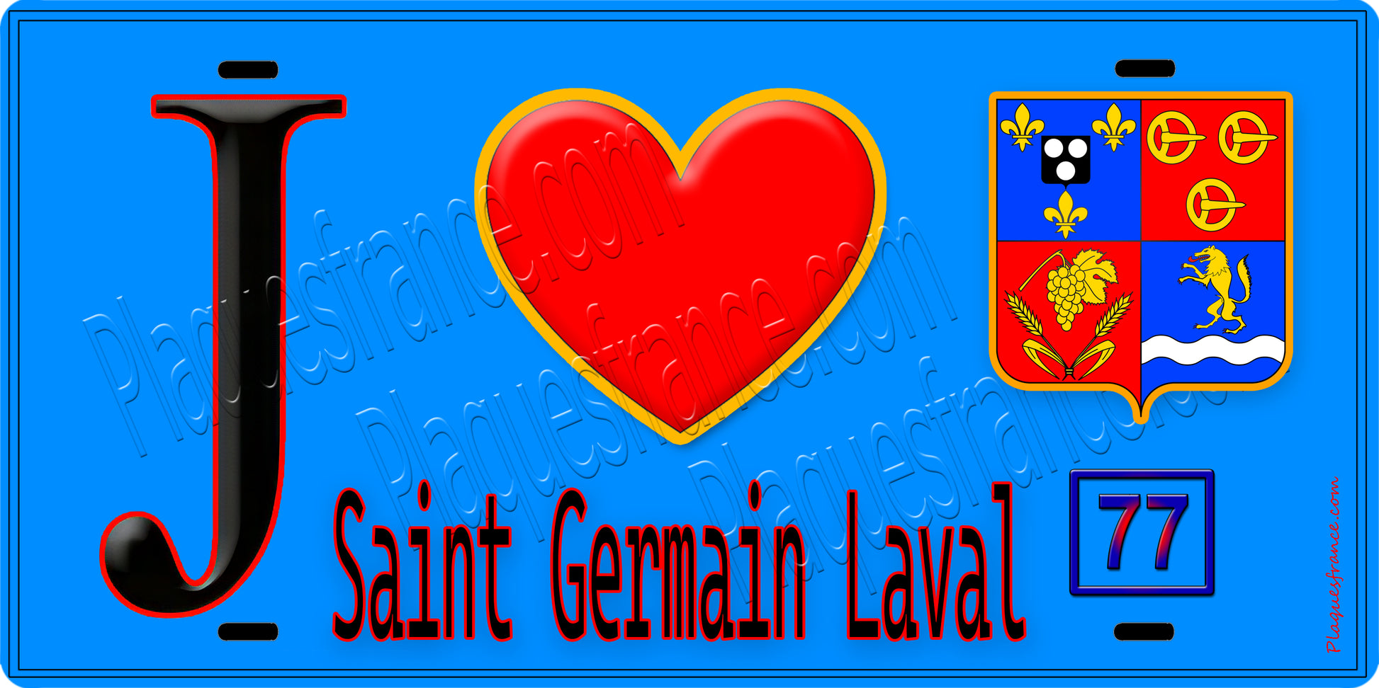 Plaque métal décorative  J' ❤️Saint-Germain-Laval, Seine et Marne (77) fond bleu