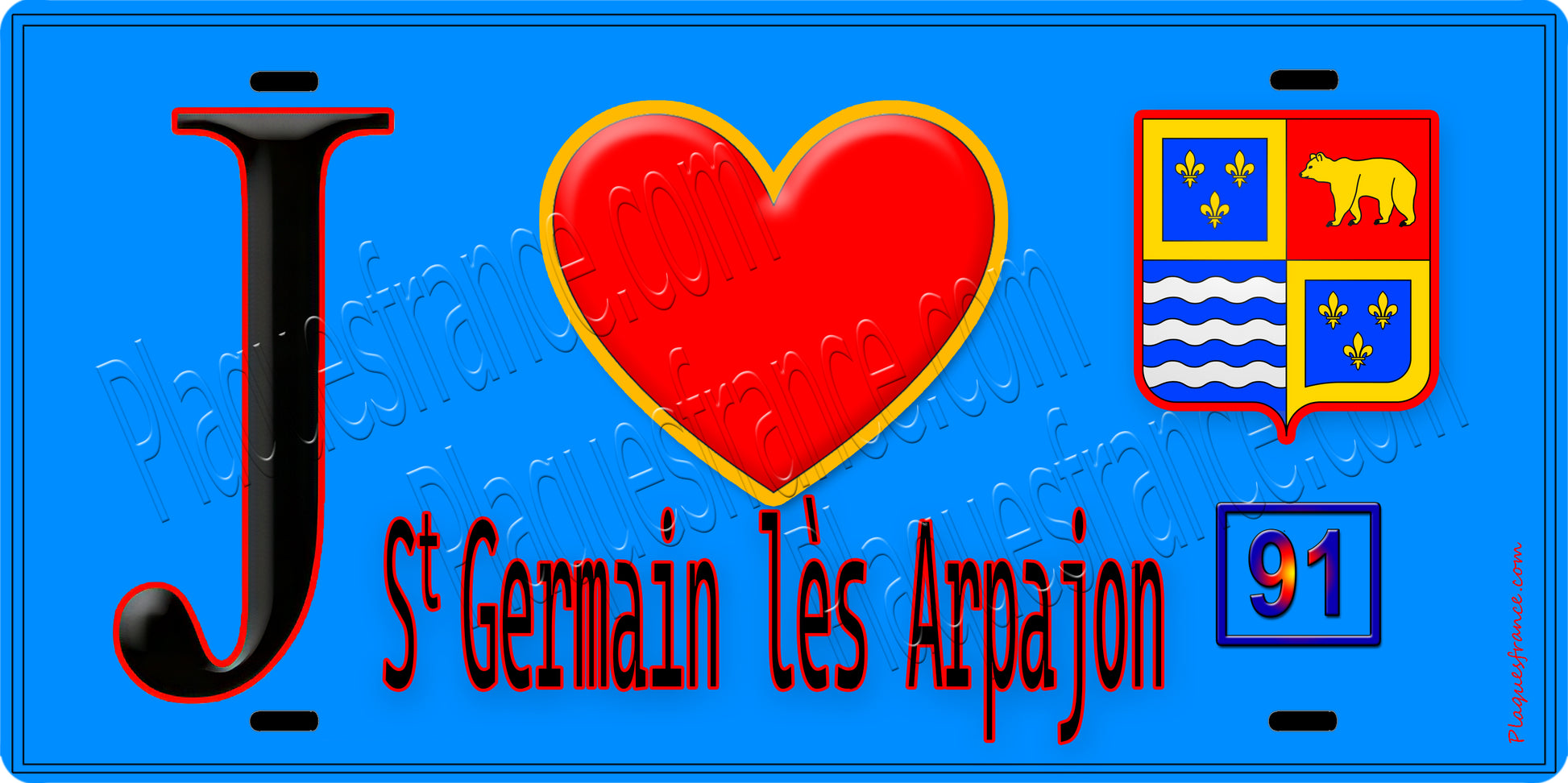 Plaque métal décorative  J' ❤️Saint-Germain-lès-Arpajon, Essonne (91) fond bleu