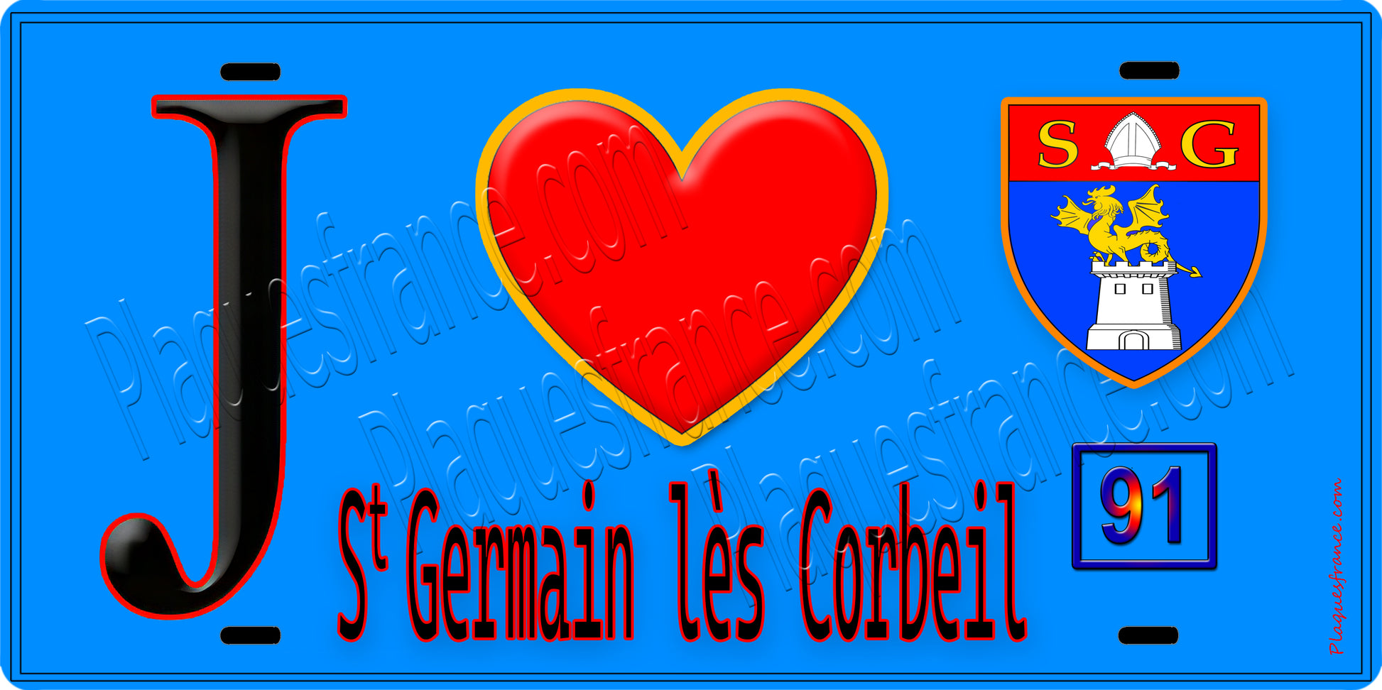 Plaque métal décorative  J' ❤️Saint-Germain-lès-Corbeil, Essonne (91) fond bleu