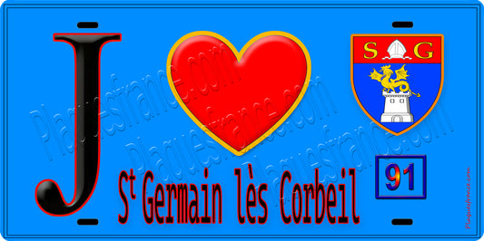 Plaque métal décorative  J' ❤️Saint-Germain-lès-Corbeil, Essonne (91) fond bleu