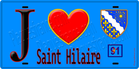 Plaque métal décorative  J' ❤️Saint-Hilaire, Essonne (91) fond bleu