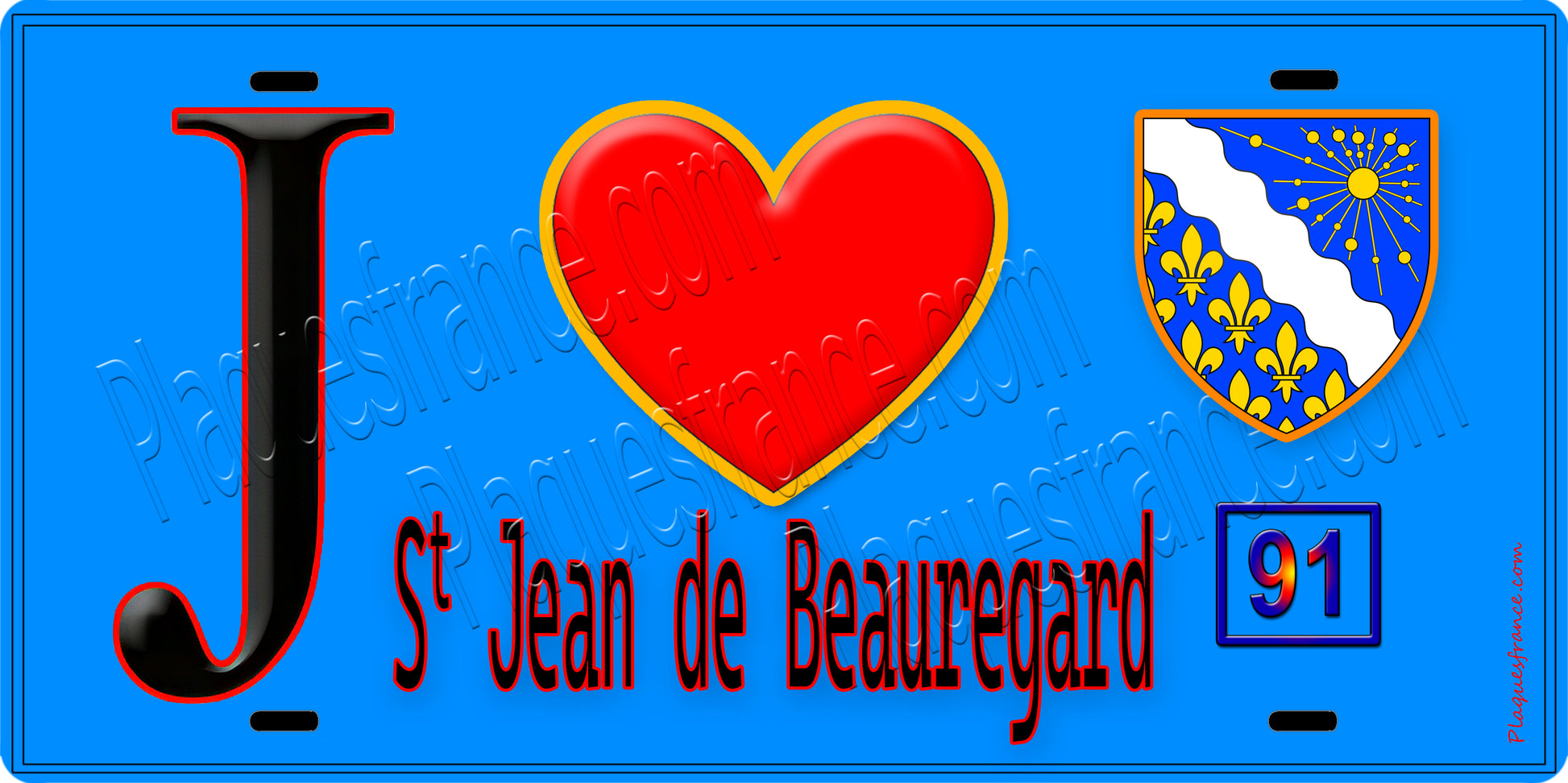 Plaque métal décorative  J' ❤️Saint-Jean-de-Beauregard, Essonne (91) fond bleu