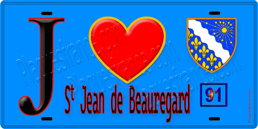 Plaque métal décorative  J' ❤️Saint-Jean-de-Beauregard, Essonne (91) fond bleu