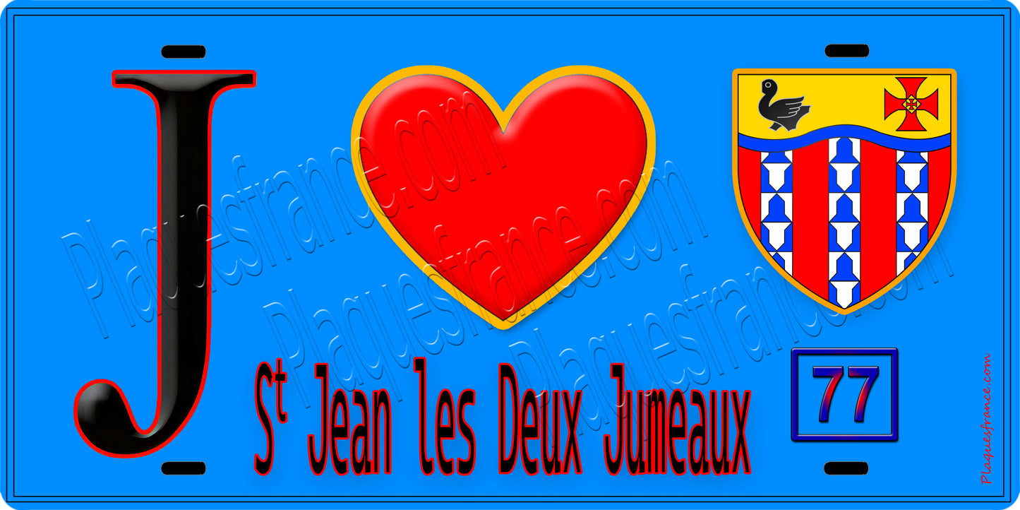 Plaque métal décorative  J' ❤️Saint-Jean-les-Deux-Jumeaux, Seine et Marne (77) fond bleu