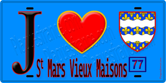 Plaque métal décorative  J' ❤️Saint-Mars-Vieux-Maisons, Seine et Marne (77) fond bleu
