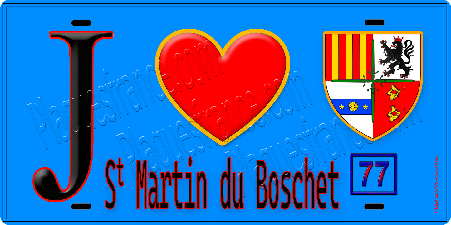 Plaque métal décorative  J' ❤️Saint-Martin-du-Boschet, Seine et Marne (77) fond bleu