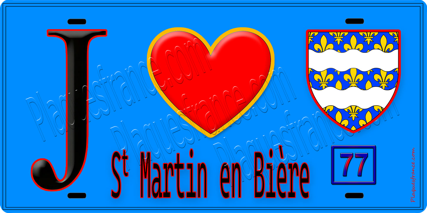Plaque métal décorative  J' ❤️Saint-Martin-en-Bière, Seine et Marne (77) fond bleu
