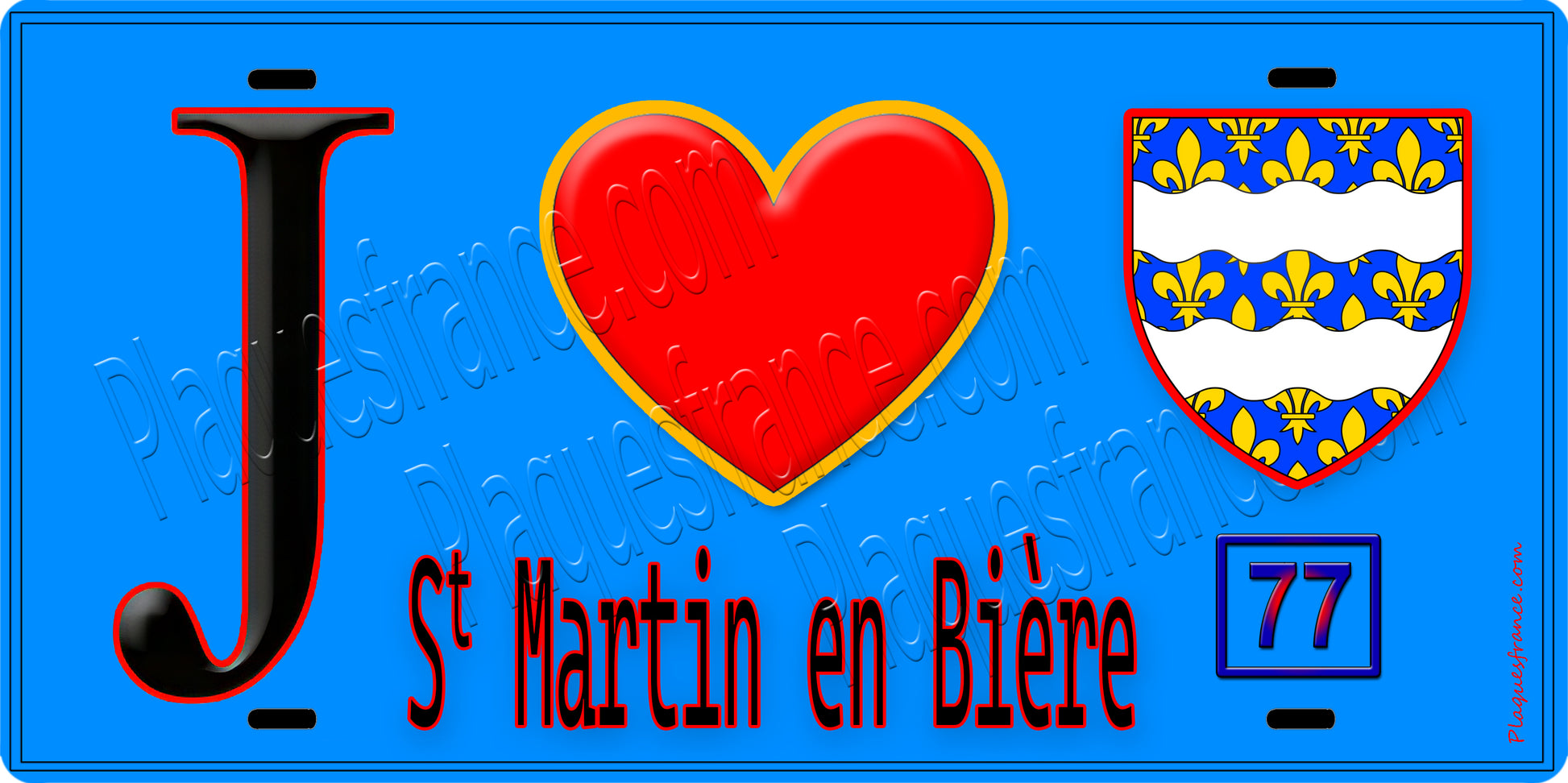 Plaque métal décorative  J' ❤️Saint-Martin-en-Bière, Seine et Marne (77) fond bleu