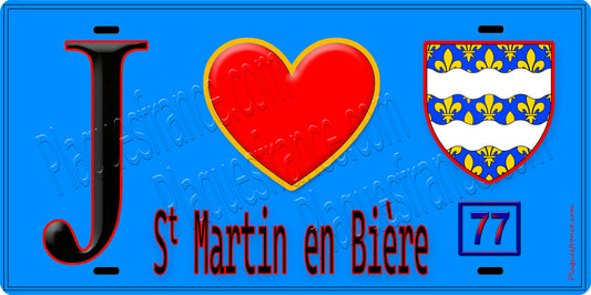 Plaque métal décorative  J' ❤️Saint-Martin-en-Bière, Seine et Marne (77) fond bleu