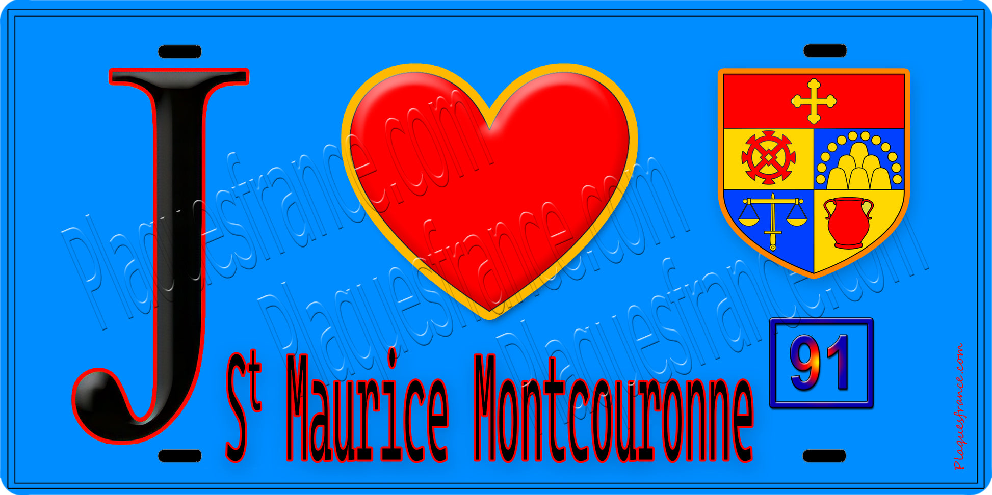 Plaque métal décorative  J' ❤️Saint-Maurice-Montcouronne, Essonne (91) fond bleu