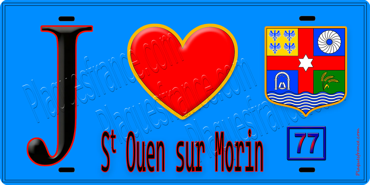 Plaque métal décorative  J' ❤️Saint-Ouen-sur-Morin, Seine et Marne (77) fond bleu