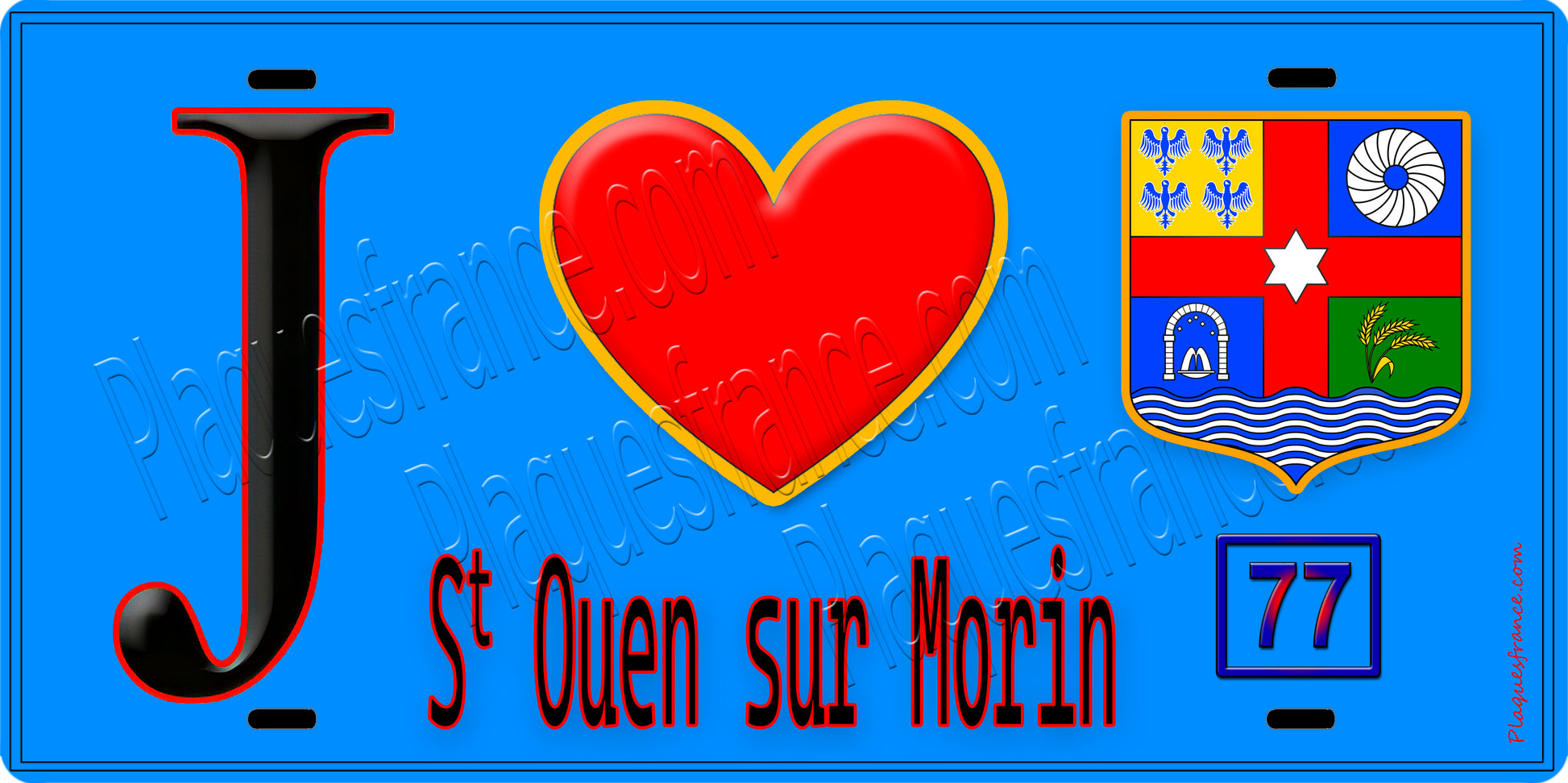 Plaque métal décorative  J' ❤️Saint-Ouen-sur-Morin, Seine et Marne (77) fond bleu
