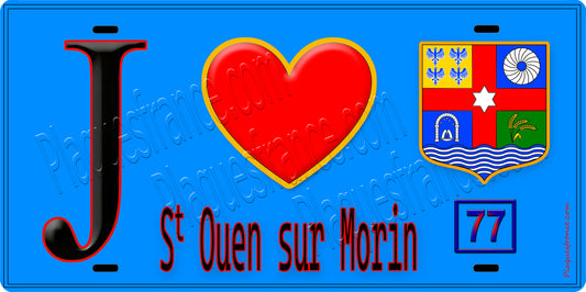 Plaque métal décorative  J' ❤️Saint-Ouen-sur-Morin, Seine et Marne (77) fond bleu
