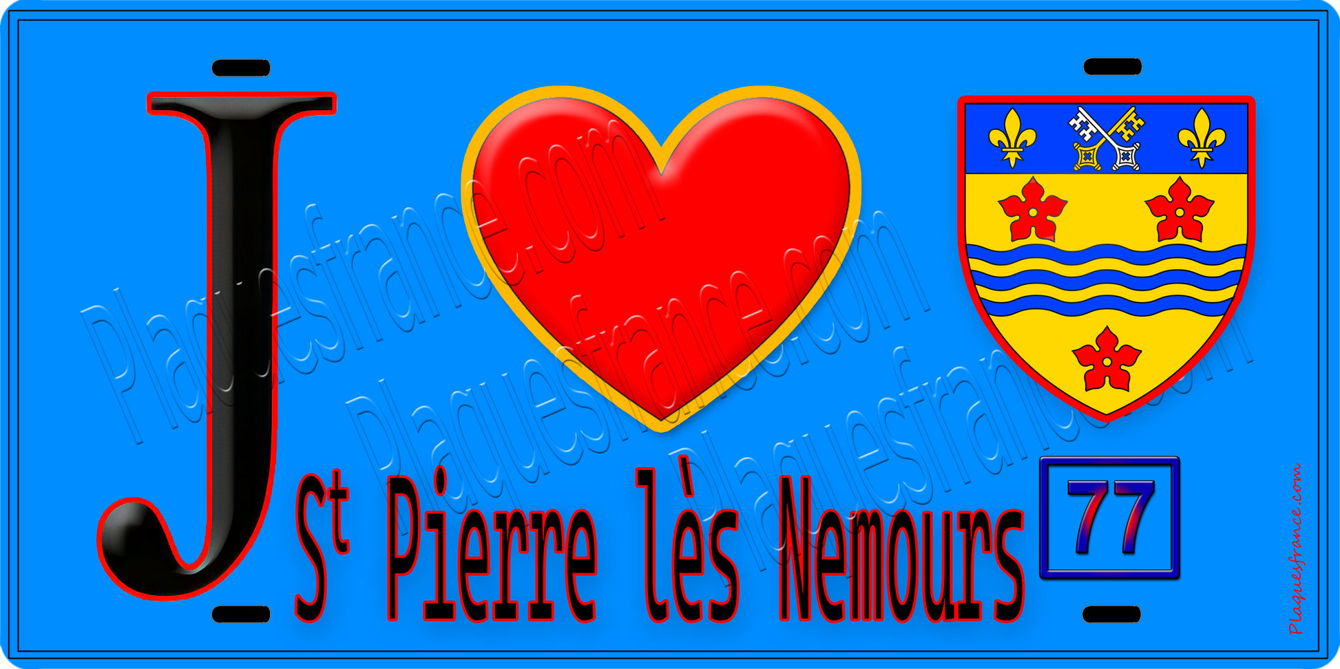 Plaque métal décorative  J' ❤️Saint-Pierre-lès-Nemours, Seine et Marne (77) fond bleu