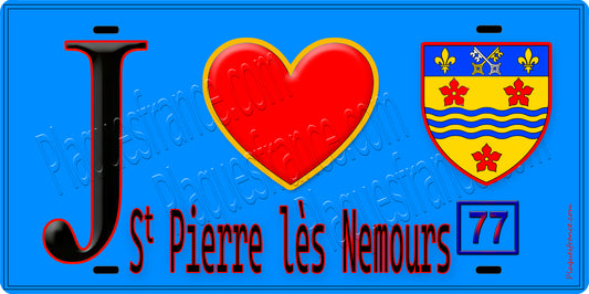 Plaque métal décorative  J' ❤️Saint-Pierre-lès-Nemours, Seine et Marne (77) fond bleu