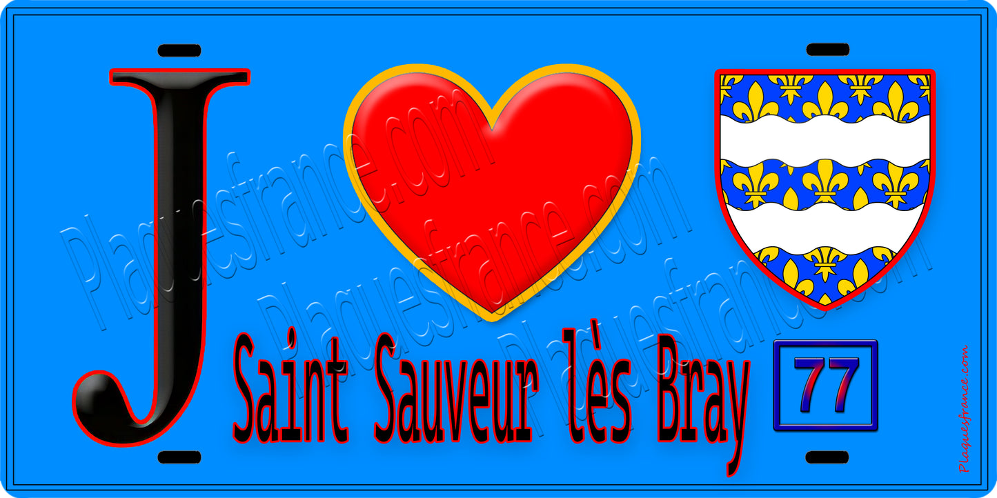 Plaque métal décorative  J' ❤️Saint-Sauveur-lès-Bray, Seine et Marne (77) fond bleu