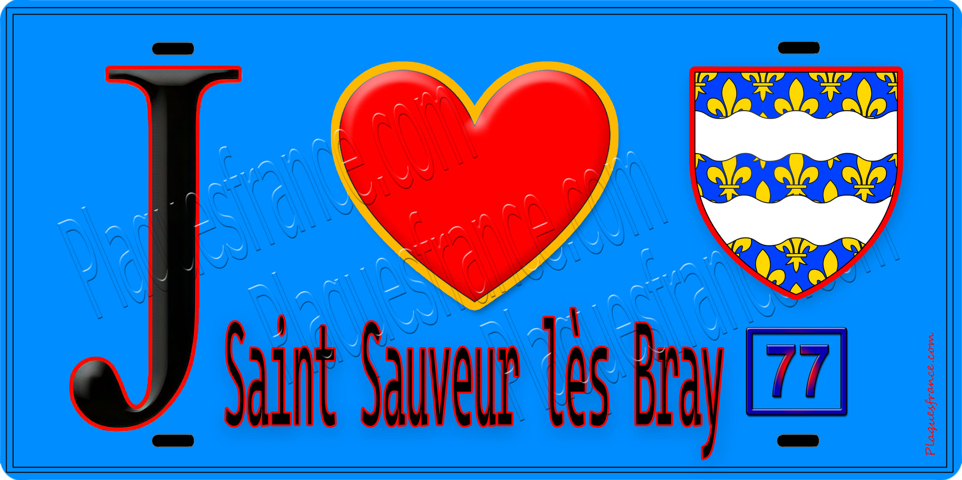 Plaque métal décorative  J' ❤️Saint-Sauveur-lès-Bray, Seine et Marne (77) fond bleu