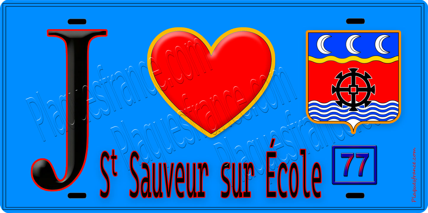 Plaque métal décorative  J' ❤️Saint-Sauveur-sur-École, Seine et Marne (77) fond bleu