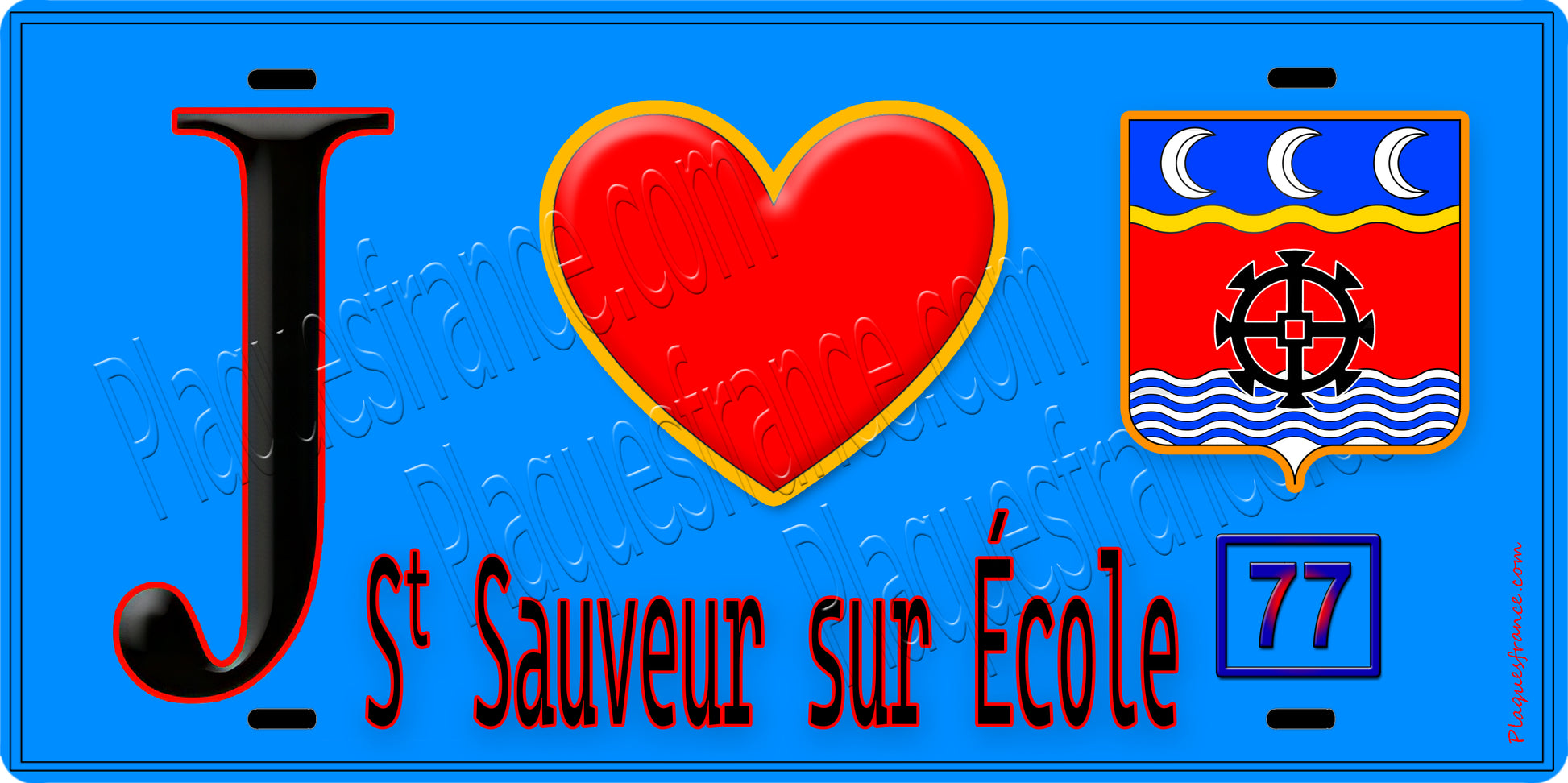 Plaque métal décorative  J' ❤️Saint-Sauveur-sur-École, Seine et Marne (77) fond bleu