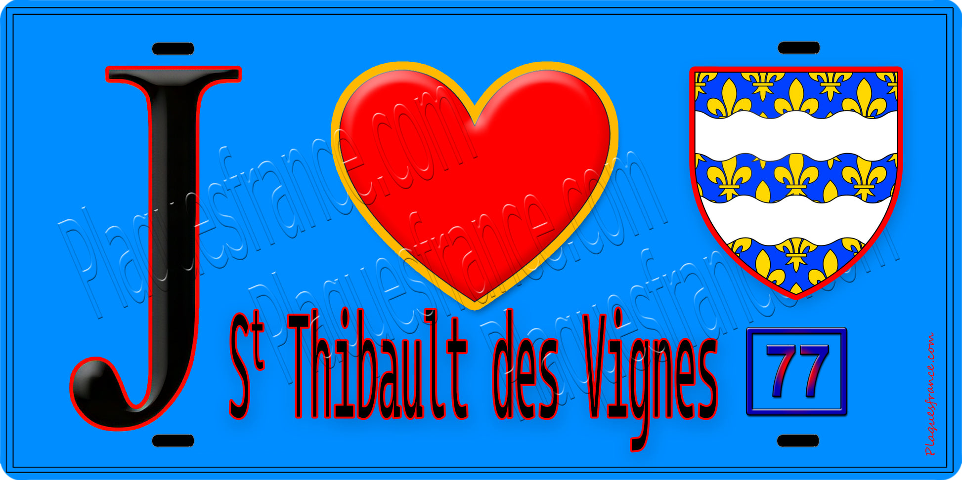Plaque métal décorative  J' ❤️Saint-Thibault-des-Vignes, Seine et Marne (77) fond bleu