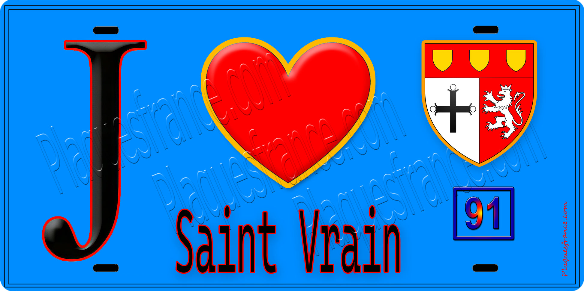 Plaque métal décorative  J' ❤️Saint-Vrain, Essonne (91) fond bleu