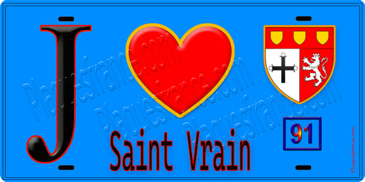 Plaque métal décorative  J' ❤️Saint-Vrain, Essonne (91) fond bleu