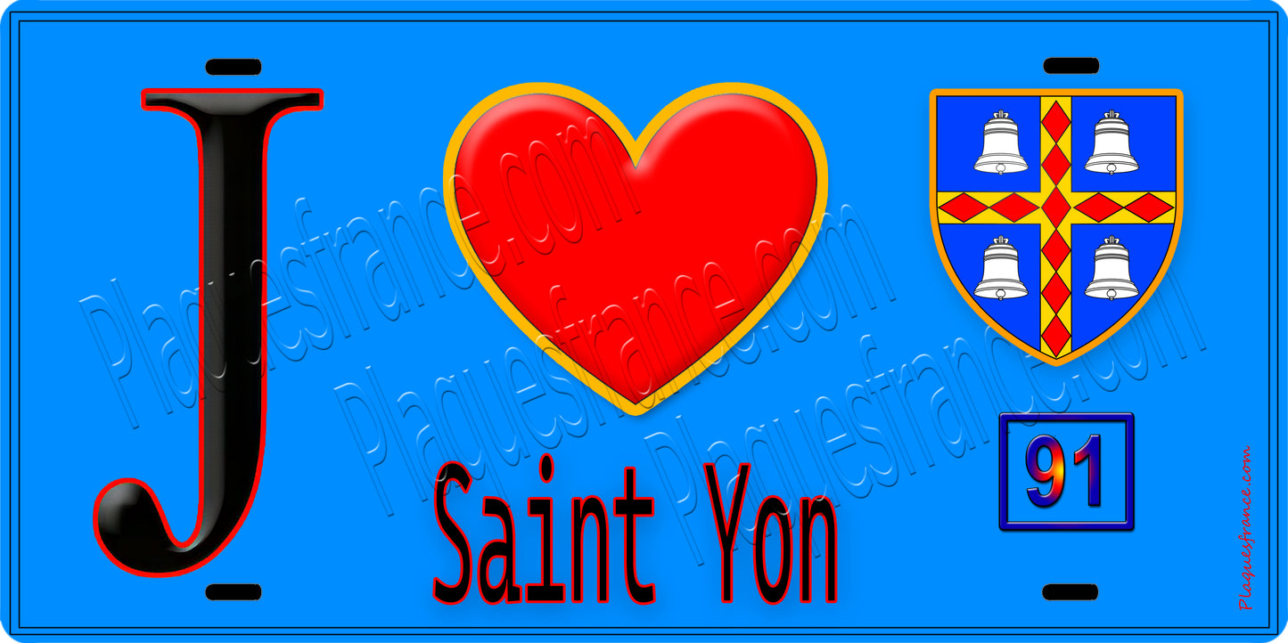 Plaque métal décorative  J' ❤️Saint-Yon, Essonne (91) fond bleu