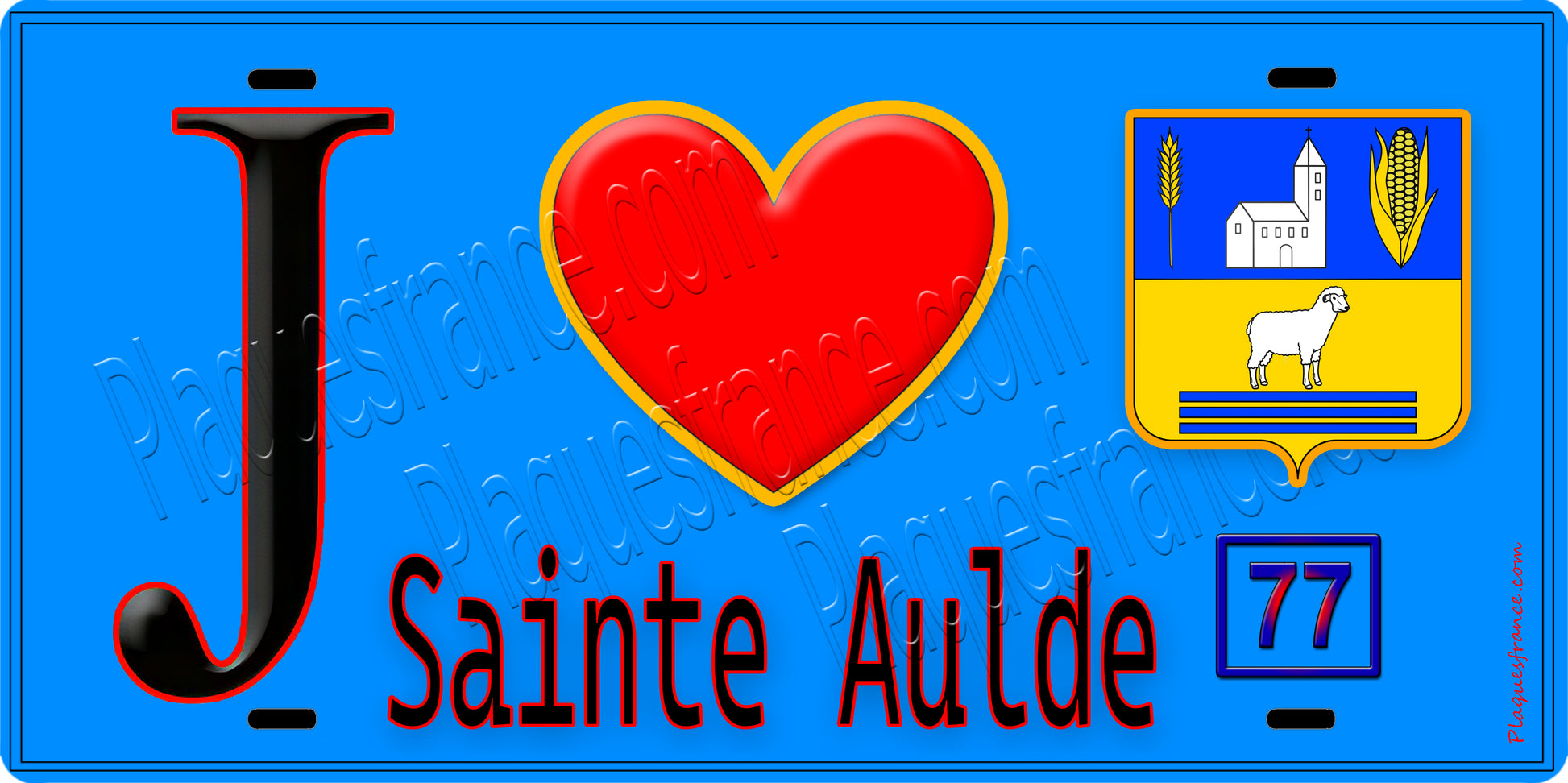 Plaque métal décorative  J' ❤️Sainte-Aulde, Seine et Marne (77) fond bleu
