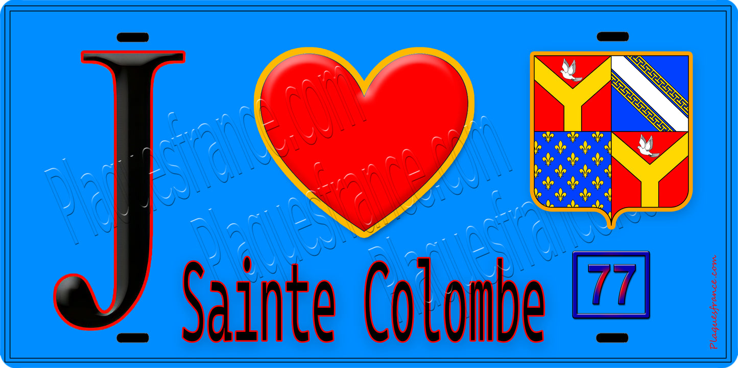 Plaque métal décorative  J' ❤️Sainte-Colombe, Seine et Marne (77) fond bleu