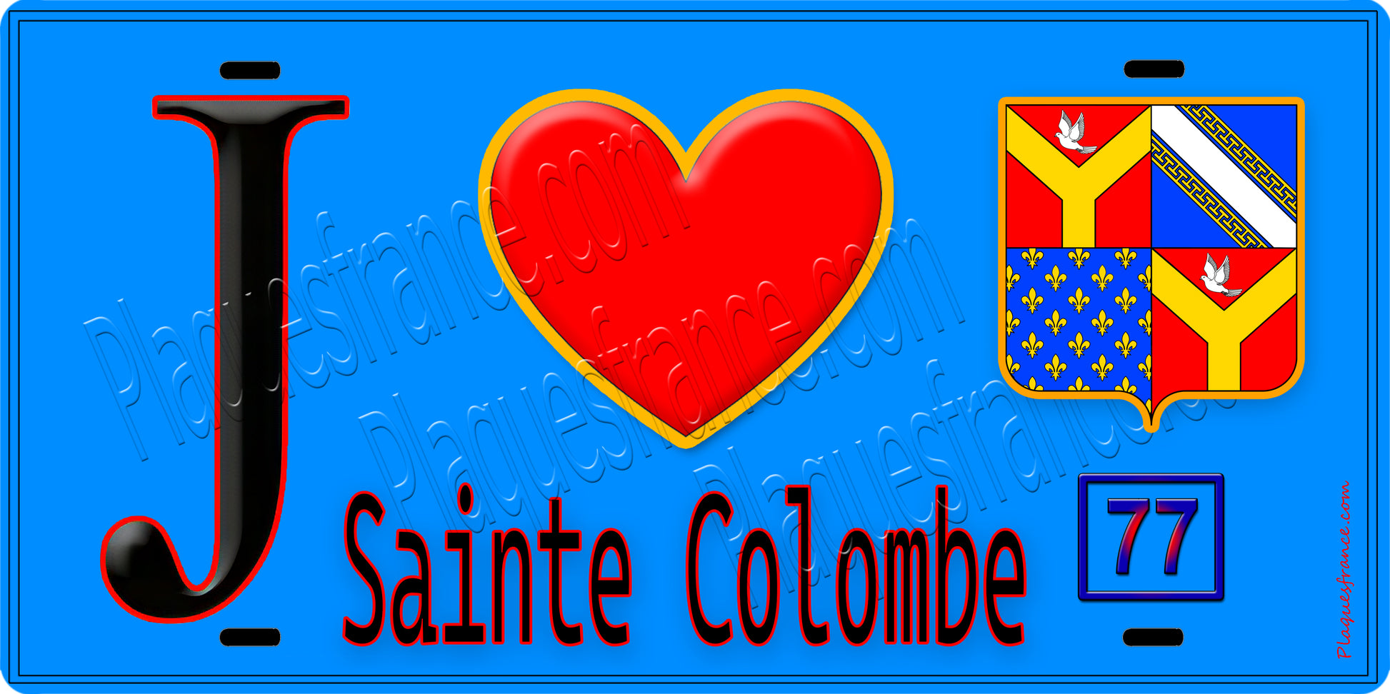 Plaque métal décorative  J' ❤️Sainte-Colombe, Seine et Marne (77) fond bleu