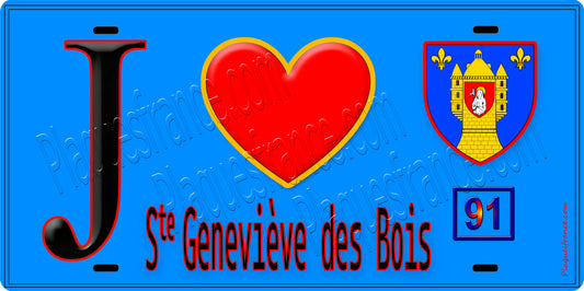 Plaque métal décorative  J' ❤️Sainte-Geneviève-des-Bois, Essonne (91) fond bleu
