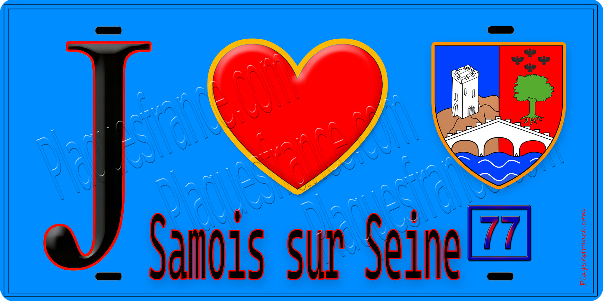 Plaque métal décorative  J' ❤️Samois-sur-Seine, Seine et Marne (77) fond bleu