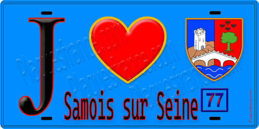 Plaque métal décorative  J' ❤️Samois-sur-Seine, Seine et Marne (77) fond bleu