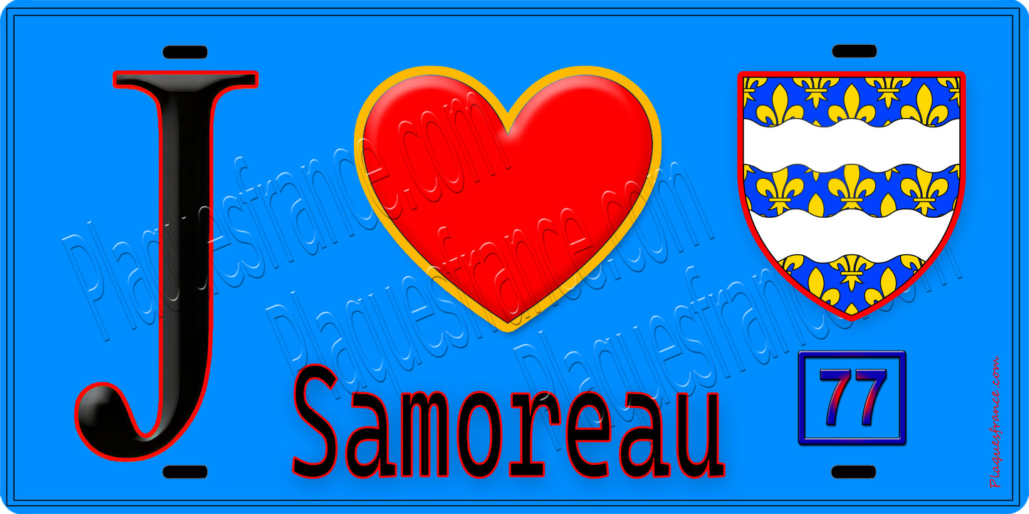 Plaque métal décorative  J' ❤️Samoreau, Seine et Marne (77) fond bleu