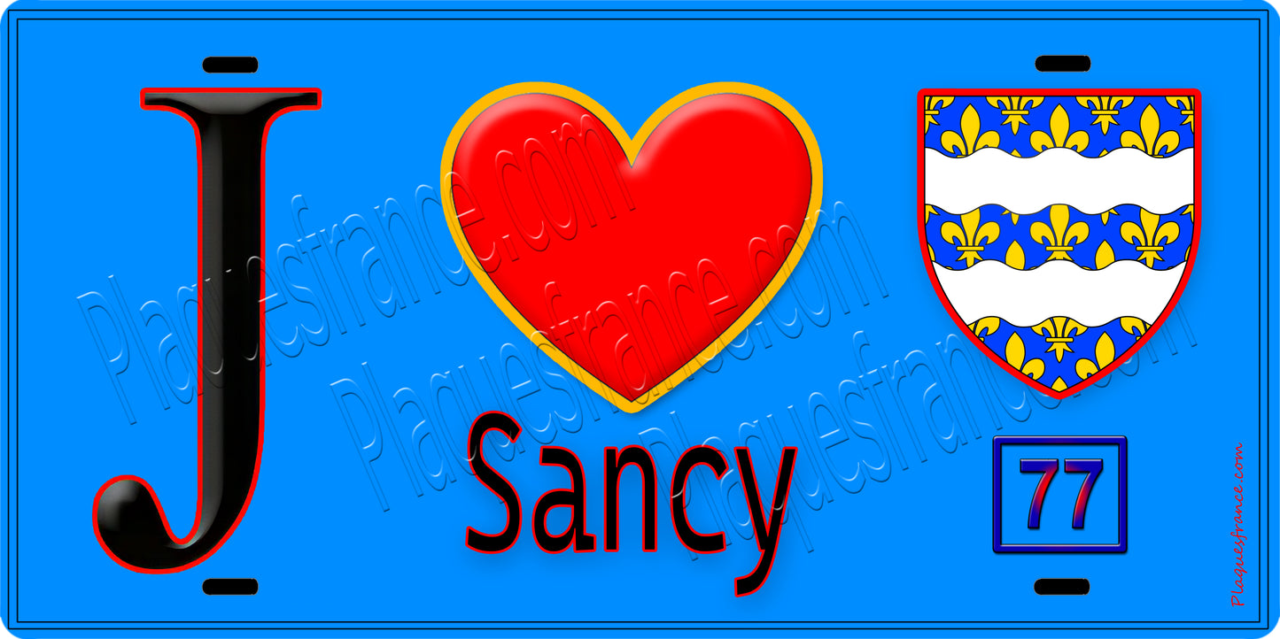 Plaque métal décorative  J' ❤️Sancy, Seine et Marne (77) fond bleu