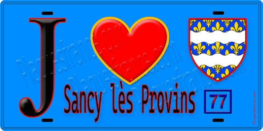 Plaque métal décorative  J' ❤️Sancy-lès-Provins, Seine et Marne (77) fond bleu
