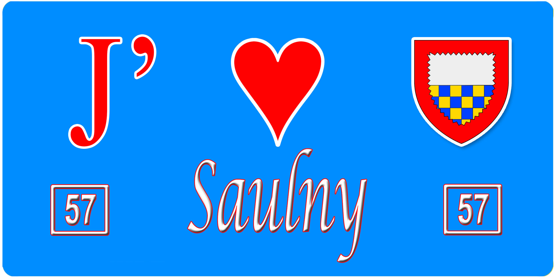 Plaque métal décorative, J'❤️Saulny, Moselle, fond mur bleu 57