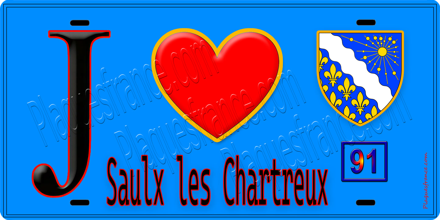 Plaque métal décorative  J' ❤️Saulx-les-Chartreux, Essonne (91) fond bleu