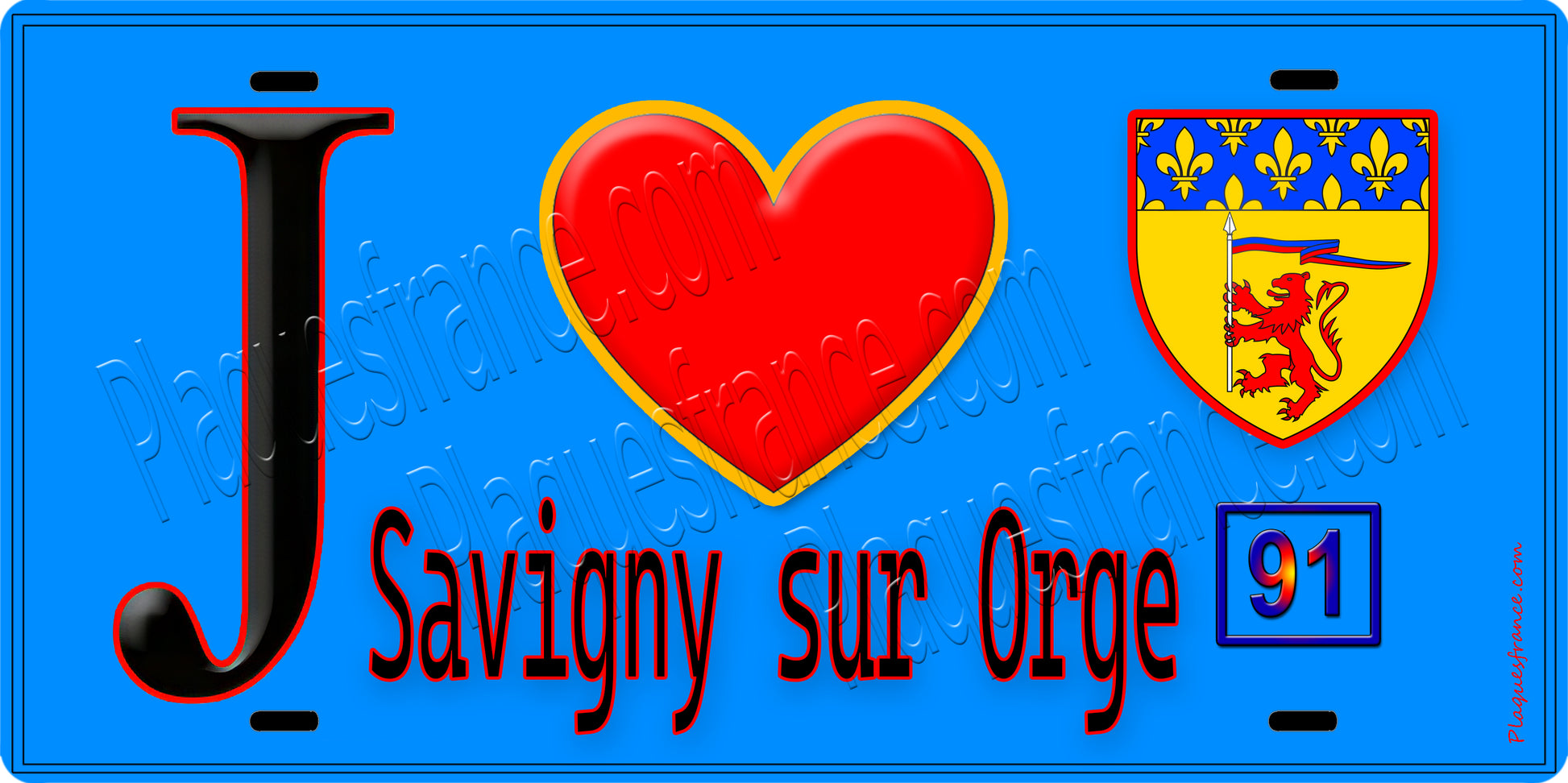 Plaque métal décorative  J' ❤️Savigny-sur-Orge, Essonne (91) fond bleu