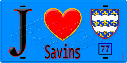Plaque métal décorative  J' ❤️Savins, Seine et Marne (77) fond bleu