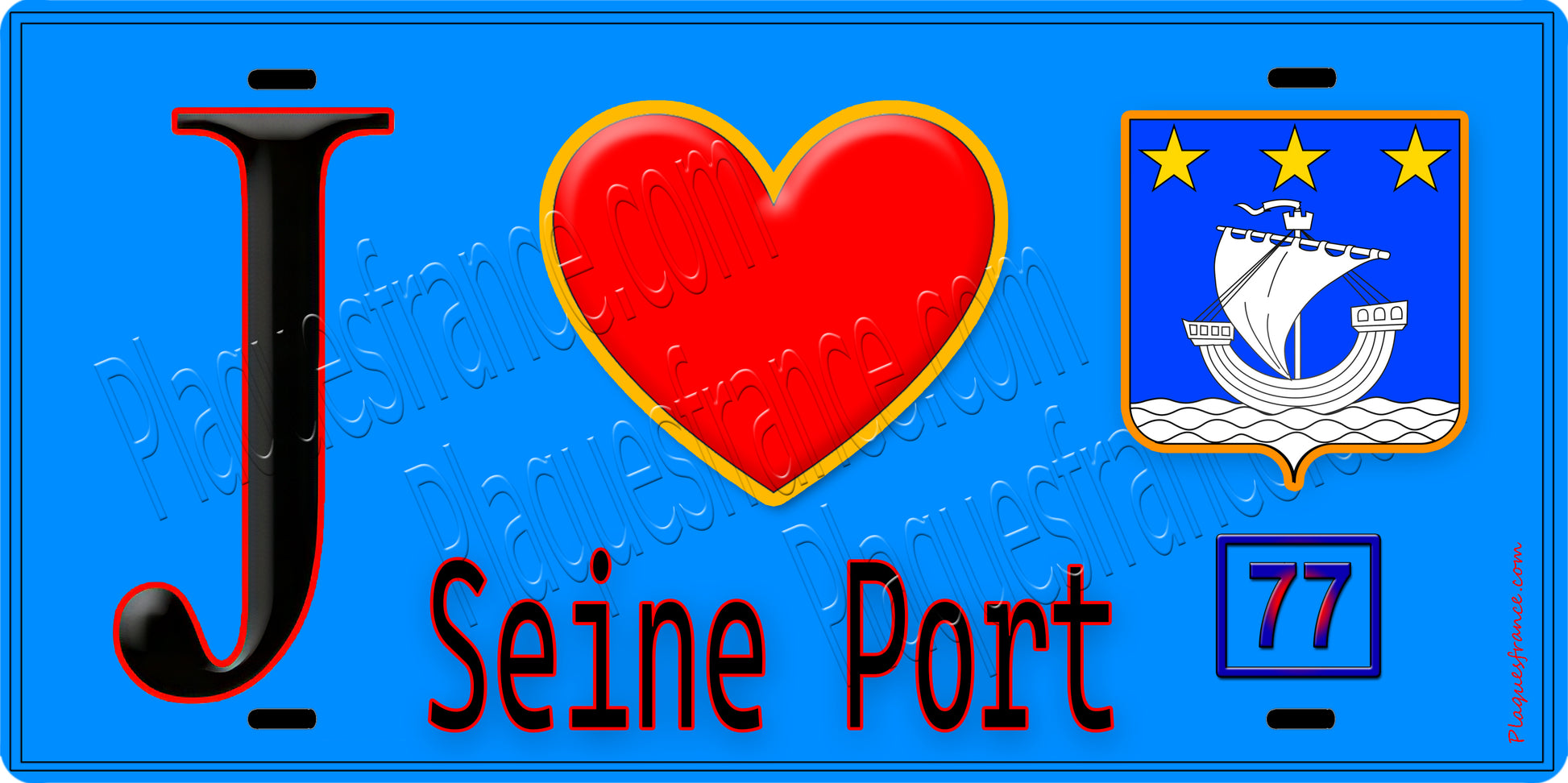 Plaque métal décorative  J' ❤️Seine-Port, Seine et Marne (77) fond bleu
