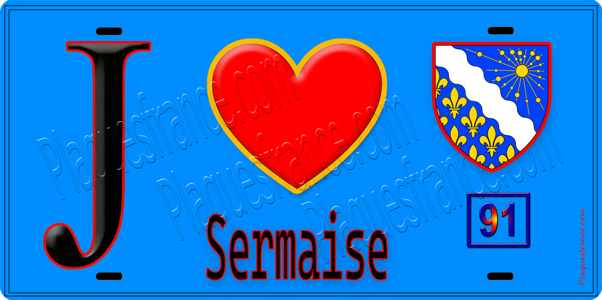 Plaque métal décorative  J' ❤️Sermaise, Essonne (91) fond bleu
