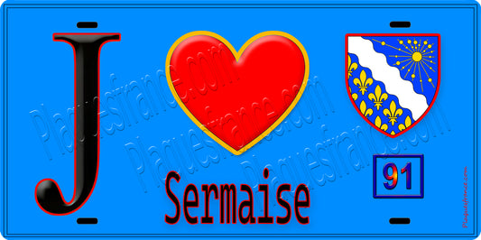 Plaque métal décorative  J' ❤️Sermaise, Essonne (91) fond bleu