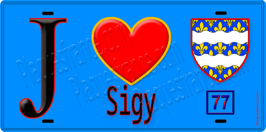 Plaque métal décorative  J' ❤️Sigy, Seine et Marne (77) fond bleu